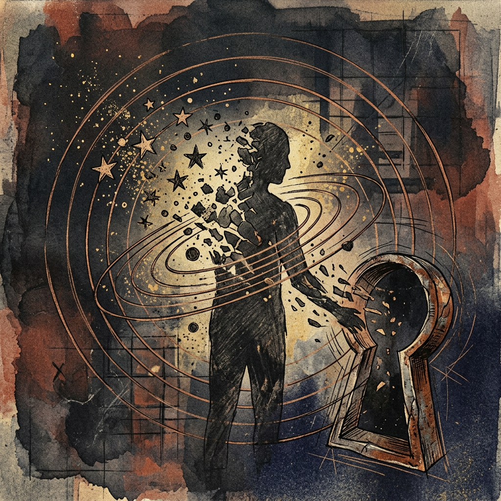 Silhouette breaking into stars beside planetary rings and an open keyhole