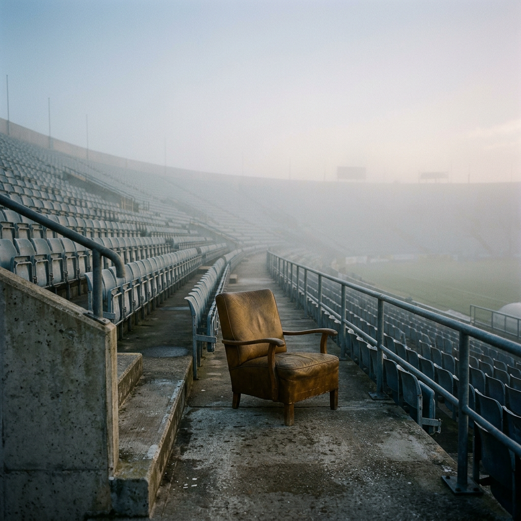 Worn leather armchair in empty foggy stadium seating